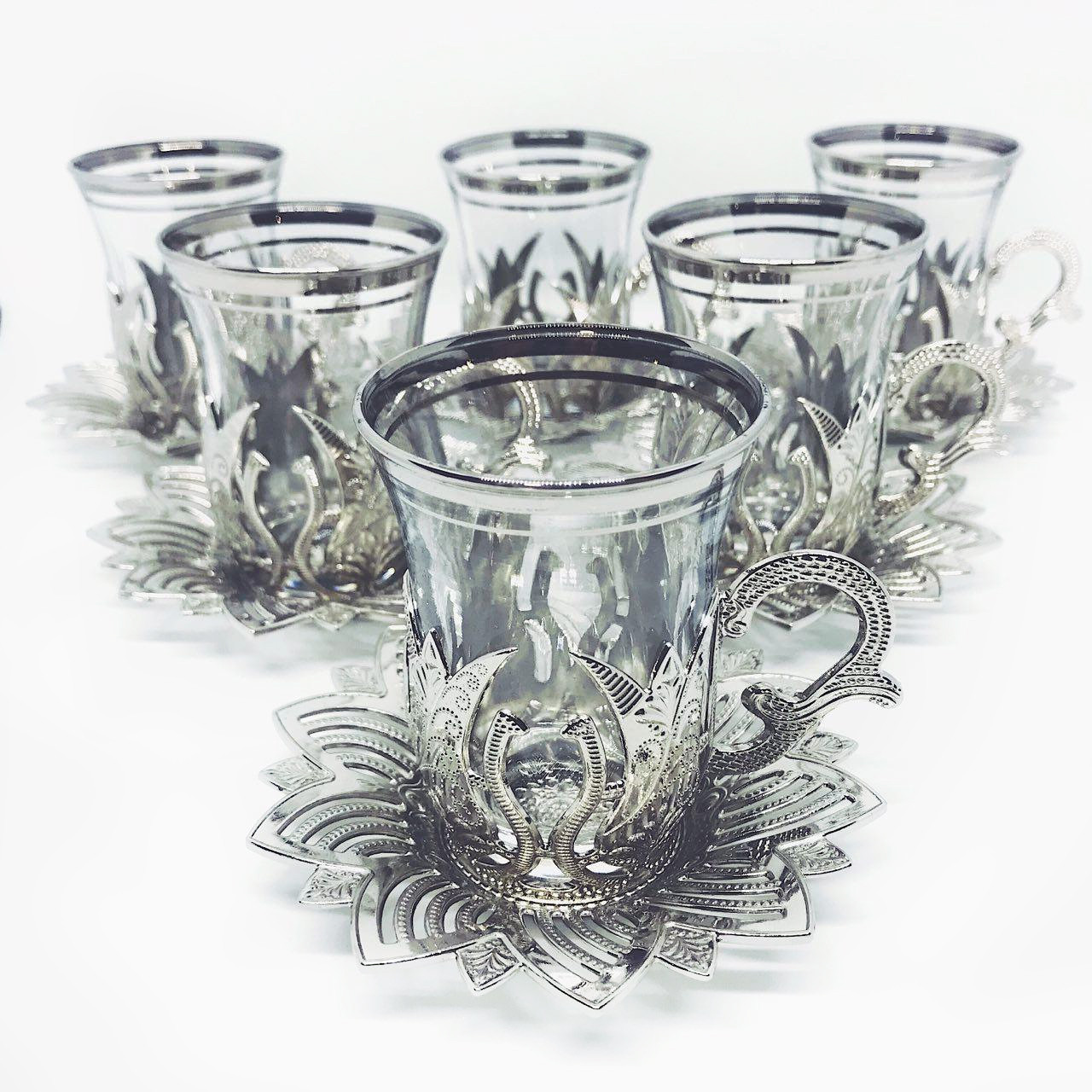 Турецькі чашки армуди для чаю та кави MCA Vizyon з мельхіору в сріблі набір з 6 штук, фото 1