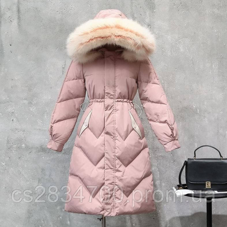 Жіночий зимовий пуховик з натуральним хутром на капюшоні, зимовий пухове пальто з білою опушкою, рожевий