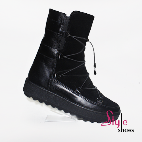 Напівчоботи місяцеходи шкіряні чорного кольору на хутрі «Style Shoes»