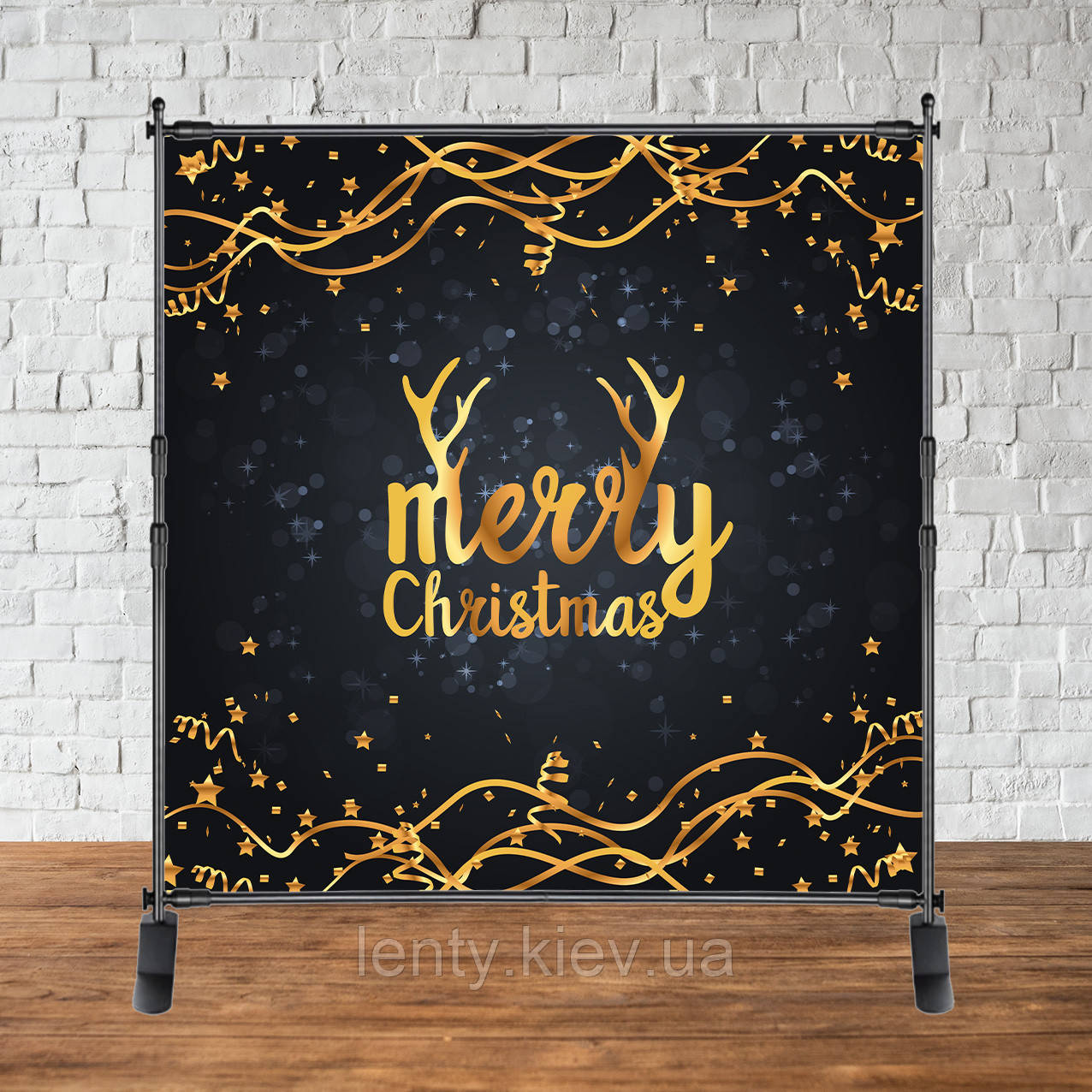 Банер Новорічний / Різдвяний 2х2м "Merry Chrismas" (Оленячі Роги чорно-золотий фон) - Фотозона (вініловий) (каркас окремо) -