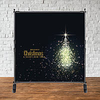 Баннер Новогодний / Рождество 2х2м "Merry Chrismas" (Черный фон, светящаяся елка)- Фотозона (виниловый)