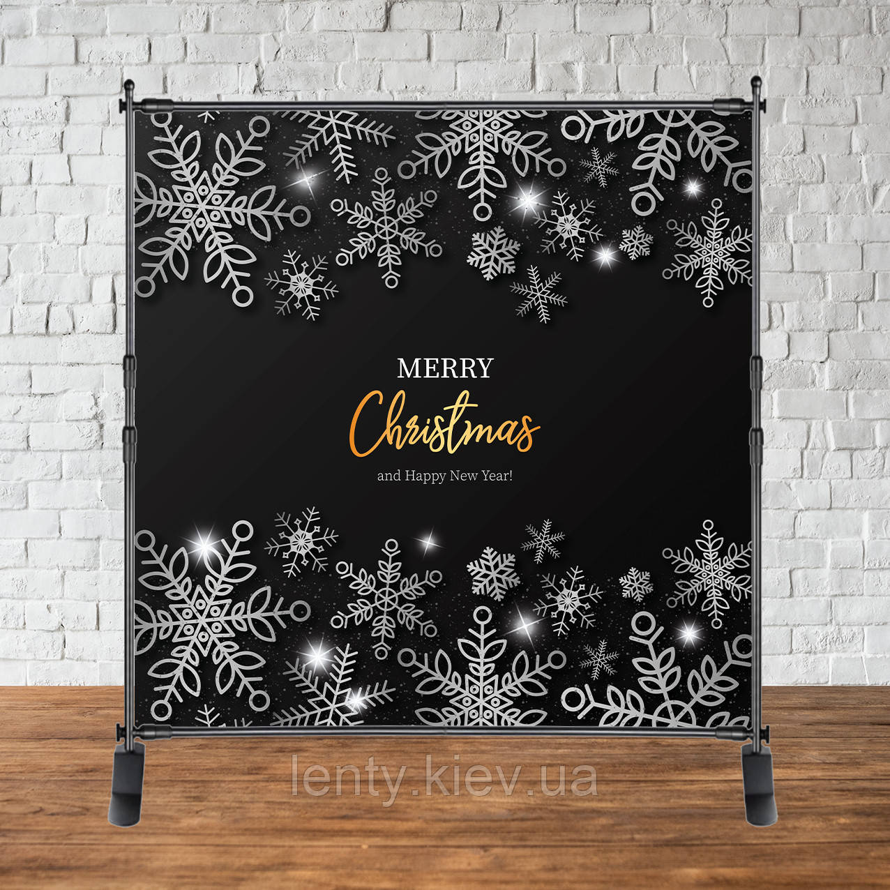 Банер Новорічний / Різдво 2х2м "Merry Chrismas" (Чорно-срібний, сніжинки великі) - Фотозона (вініловий) (каркас окремо) -