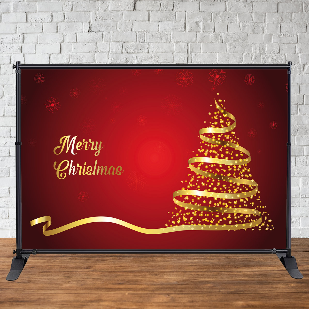 Банер Новорічний 3х2м (Червоний фон, Золота ялинка) - Фотозона (вініловий) (каркас окремо) -