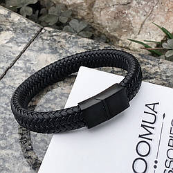 Чоловічий шкіряний браслет, браслет зі шкіри класичний чорний з магнітним замком