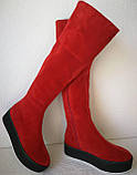 Стильні зимові жіночі замшеві ботфорти Lion червоного кольору чобітки на змійці демісезонні., фото 5