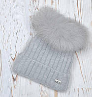 Светло-серая Женская зимняя шапка с помпоном из натурального песца на флисе