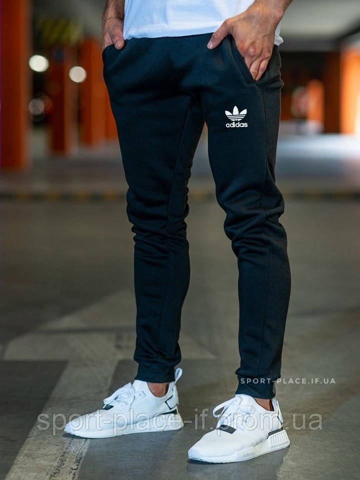 Теплі чоловічі спортивні штани Adidas (Адідас) чорні (Зима) з начосом на манжетах джогери