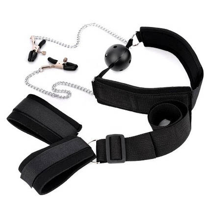 Кляп наручники затискачі для сосків 3 в 1 Фіксатори БДСМ, фото 1