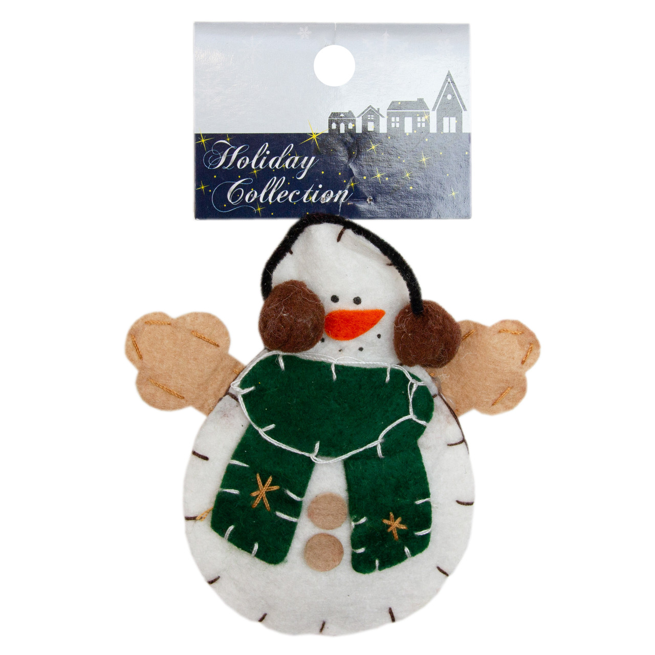 М'яка ялинкова іграшка Сніговик в навушниках, 10 см, білий із зеленим, текстиль, новорічна фігурка (000166-4), фото 1