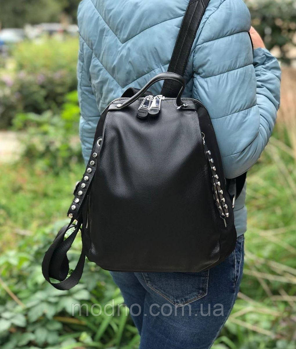 Жіночий рюкзак шкіряний із плащівкою чорний