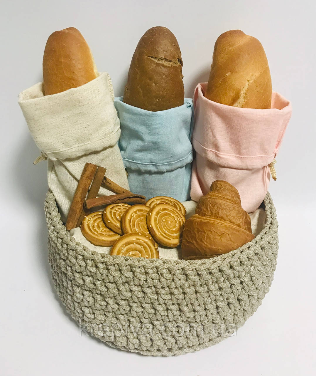 Екомінець для хліба багета та булочок, екоторубка, екоребінка, лляний мішок, хлібниця, еко-мішок