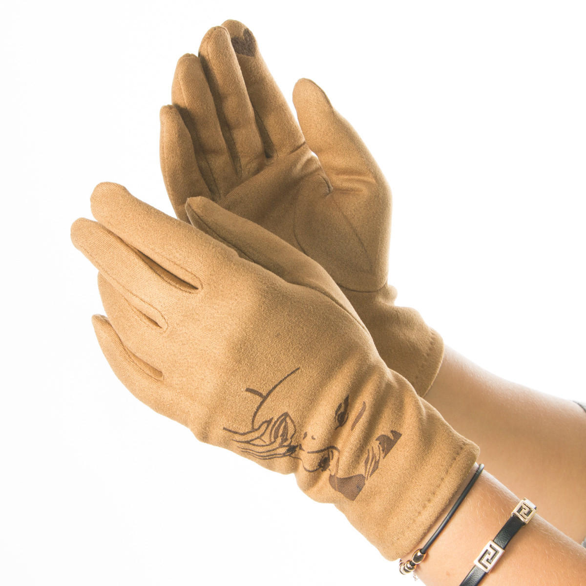 Жіночі рукавички зі штучної замші з принтом № 19-1-64-2 коричневий S