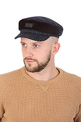 Кепка-капінка чоловіча з вовни із замшевою вставкою синя картата