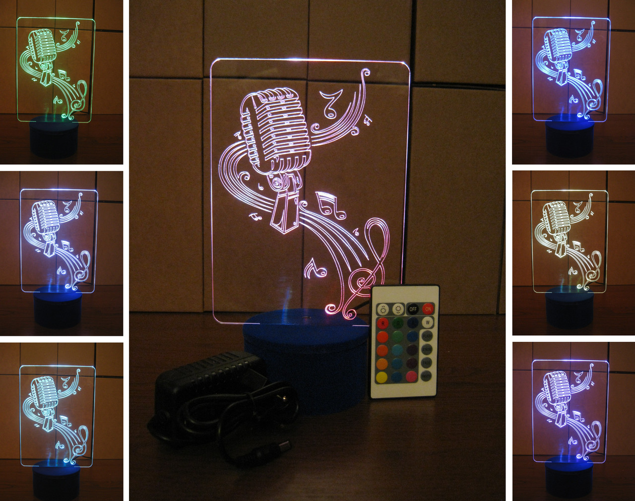 3d-світильник Мікрофон і скрипковий ключ, 3д-нічник, кілька підсвічувань (на пульті)