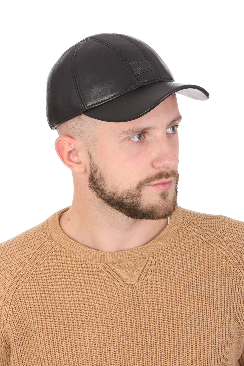 Бейсболка чоловіча з натуральної шкіри чорна, фото 1