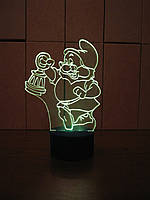 3d-светильник Гномик с фонарем, 3д-ночник, несколько подсветок (батарейка+220В) подарок для маленького ребенка