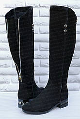 Жіночі зимові чоботи ботфорти на повну широку ногу голінь чорні замшеві великого розміру 39