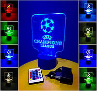 3d-светильник Лига Чемпионов (лого), 3д-ночник, несколько подсветок (на пульте), подарок для футболиста