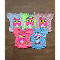 Летняя футболка детская для девочки с совами хлопок 100% ,футболка девочке с совами лето от 1 годика до 10 лет