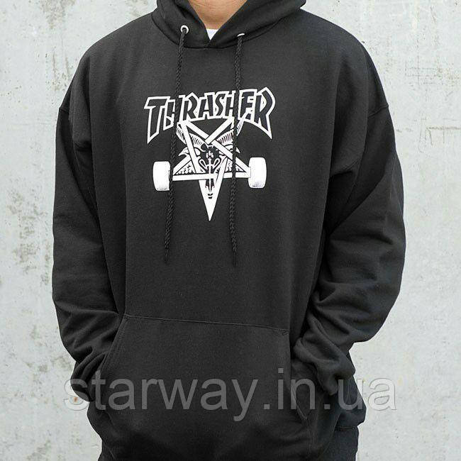 Чорна толстовка з принтом huf x thrasher hoodie | худі трешер
