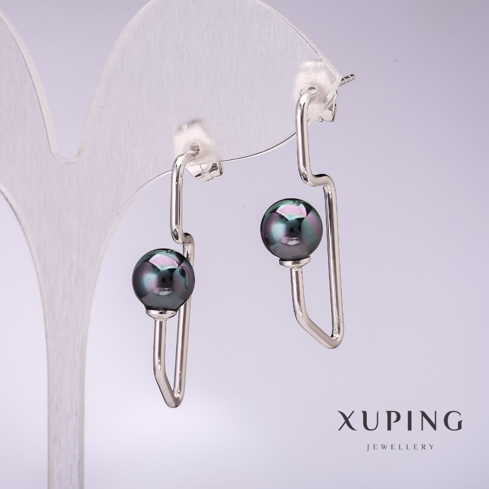 Сережки Xuping з чорним перлами Майорка 34х8мм родій