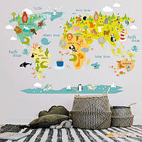 Интерьерная наклейка Детская карта мира с животными разноцветная наклейки на стену глянец 1600х1070 мм