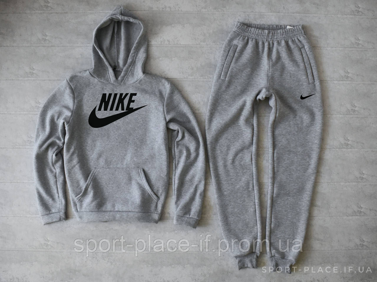 Теплий спортивний костюм Nike (Найк) світло сірий (ЗИМА) з начосом , толстовка велика емблема, штани худі