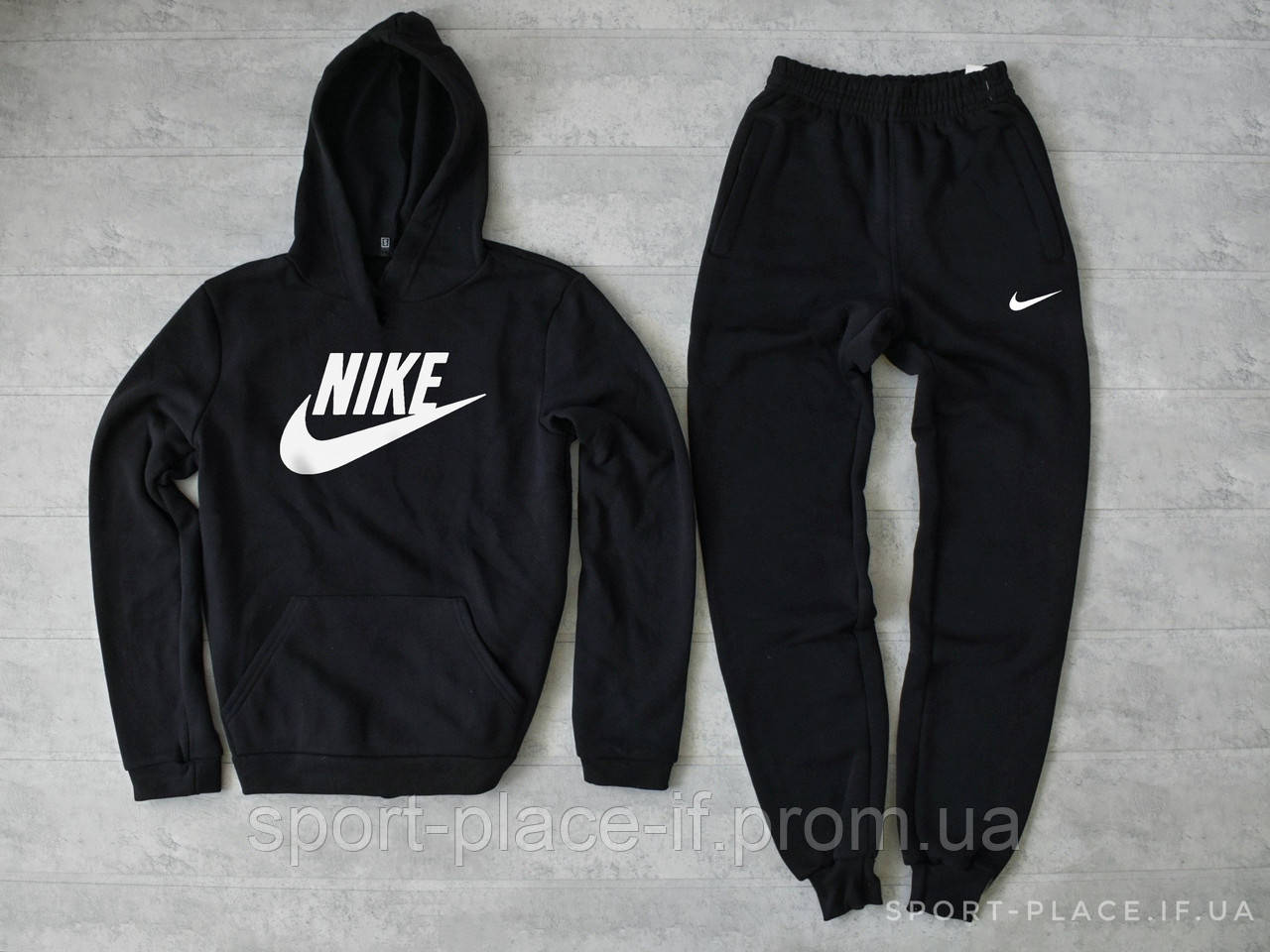 Чоловічий спортивний костюм Nike чорний (ЗИМА) з начосом , толстовка велика емблема, штани репліка