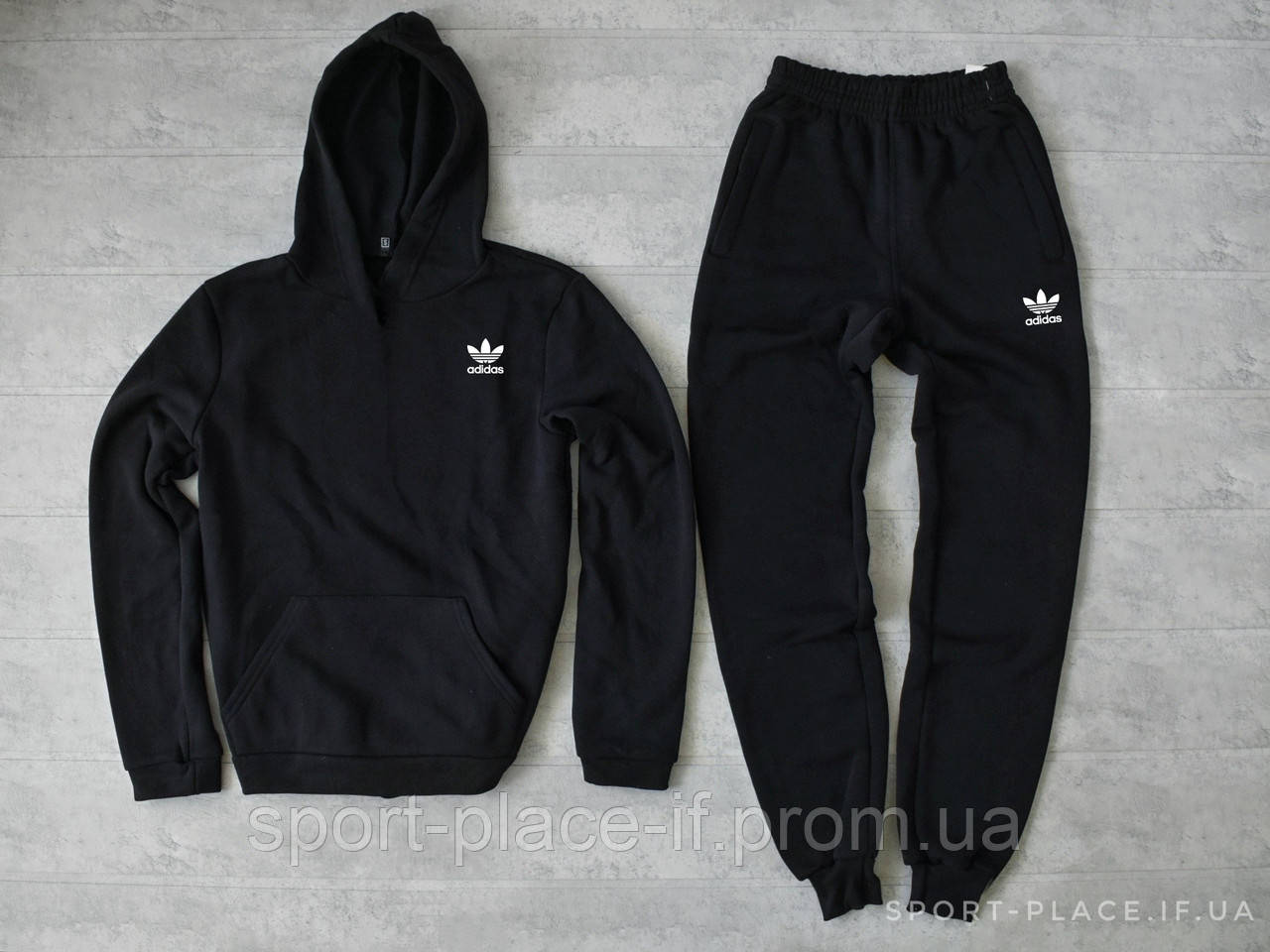 Чоловічий спортивний костюм Adidas чорний (ЗИМА) з начосом, толстовка маленька емблема, штани репліка