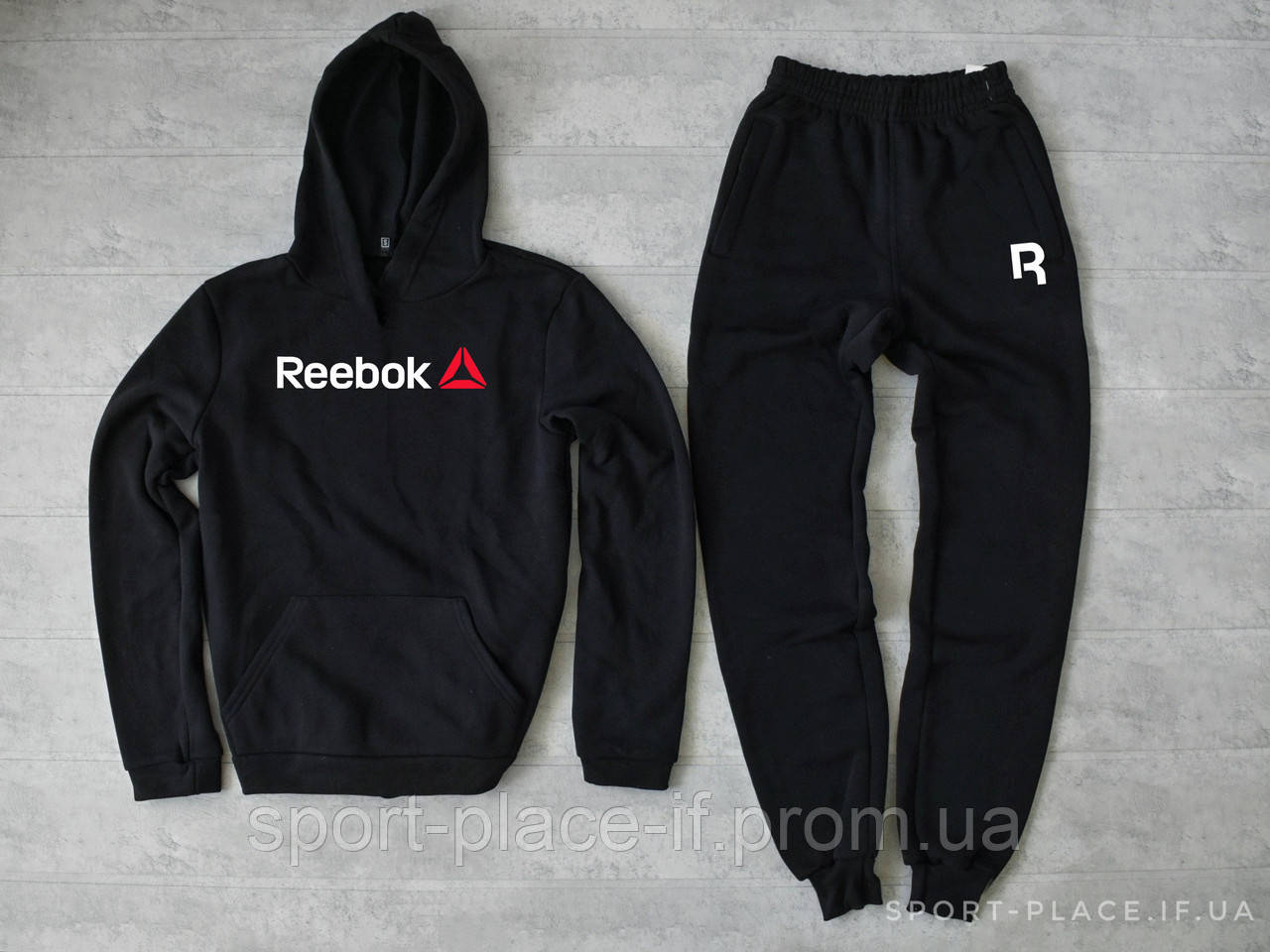 Чоловічий спортивний костюм Reebok чорний (ЗИМА) з начосом , толстовка велика емблема, штани репліка