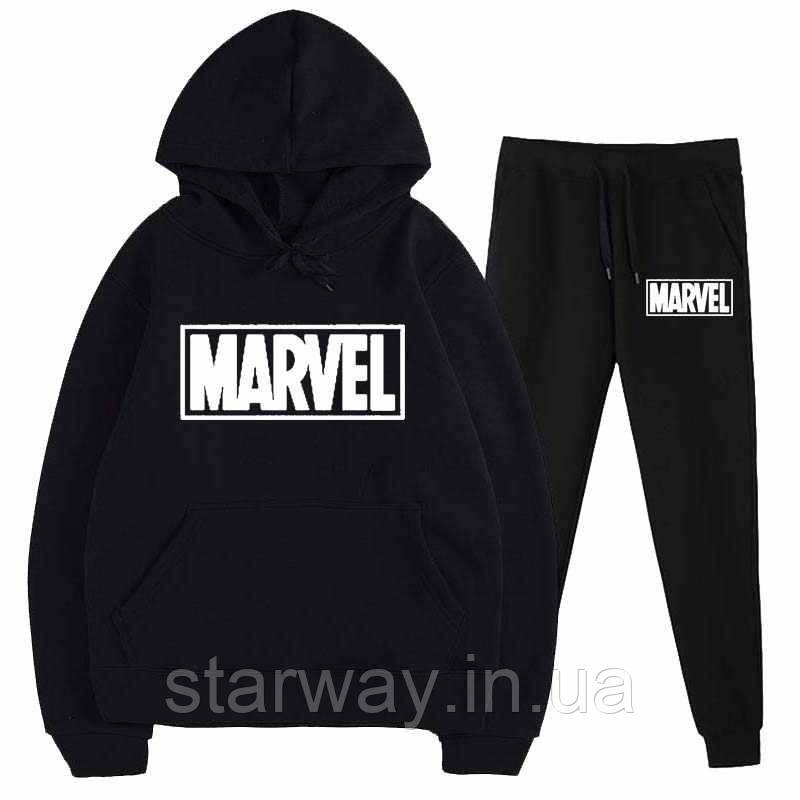 Спортивний чорний костюм marvel з капюшоном | white logo