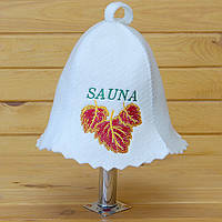 Шапка для лазні та сауни V3 "Sauna березовий лист жовто-червоний"