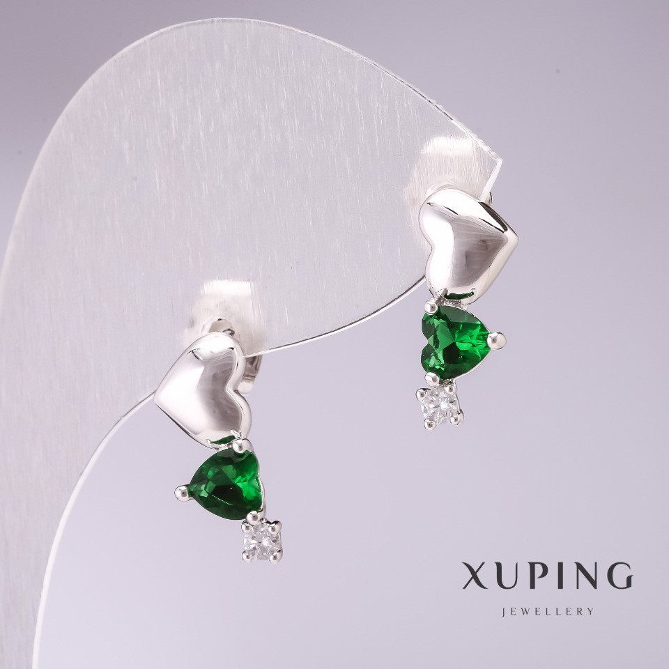 Сережки Xuping гірлянда з Сердець з зеленими каменями 17х7мм родій