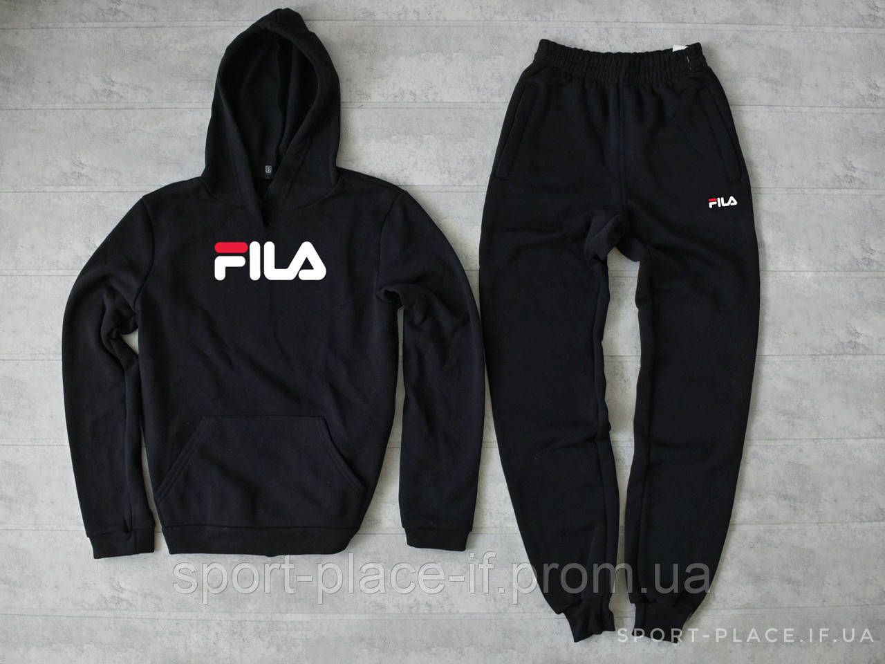 Теплий спортивний костюм Fila (Філа) чорний (ЗИМА) з начосом толстовка велика емблема штани худі кенгуру