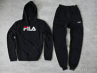 Теплый спортивный костюм Fila (Фила) черный (ЗИМА)с начесом толстовка большая эмблема штаны штаны худи кенгуру