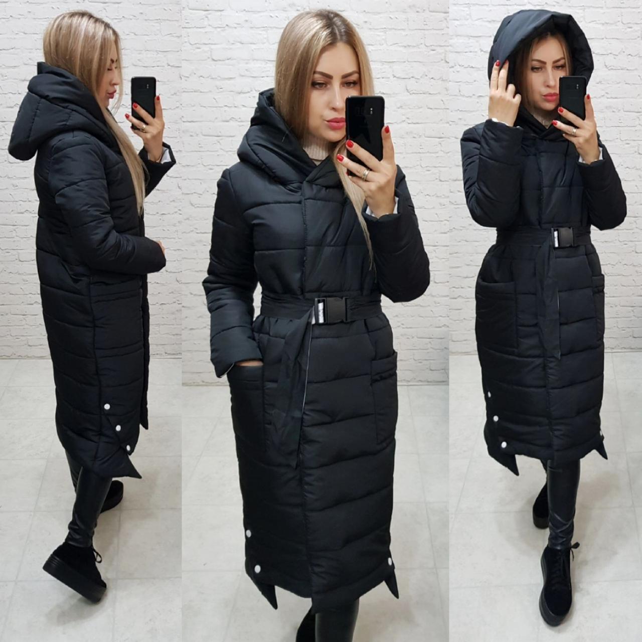 Зимова приталена куртка пуховик із поясом, артикул 032, колір чорний із білим