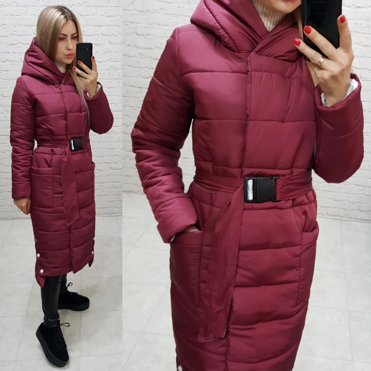 Зимовий тепле пальто з поясом і капюшоном, артикул 032, колір марсала
