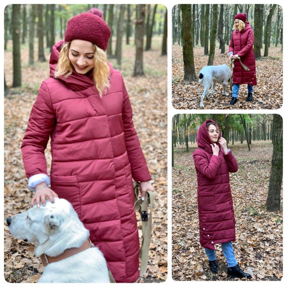 Зимова приталена куртка пуховик Oversize з поясом, артикул 032, колір марсала