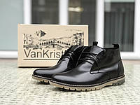 Мужские туфли Vankristi зимние из натуральной кожи удобные теплые ботинки в стиле ванкристи на меху черные