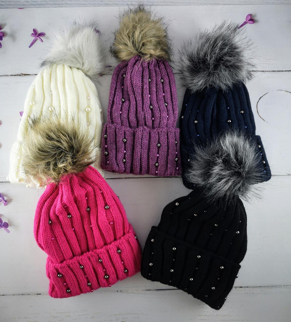 Шапка в'язана для дівчаток з помпоном Розмір 52-54 Мікс колір. 2341(52-54) Vertex Україна, фото 1