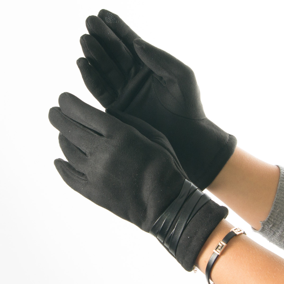 Жіночі рукавички зі штучної замші зі вставками з шкірозамінника № 19-1-51-2 M(7)