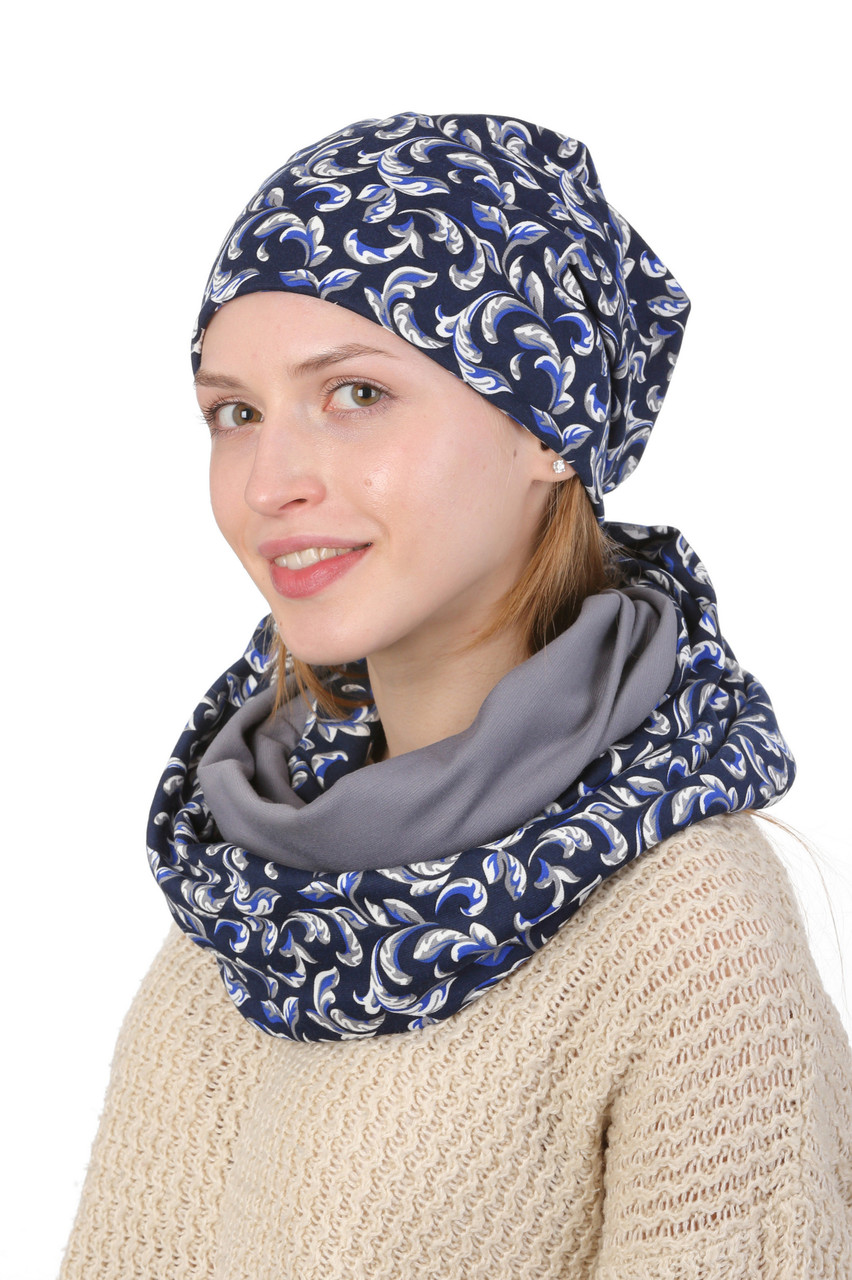 Комплект жіночий трикотажний шапка зі снудом синій із сірим, фото 1