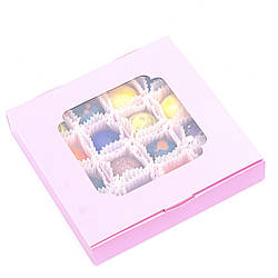 Подарунок корпоративний Шоколадні цукерки ручної роботи *Рожева коробка з віконцем на 16шт.*