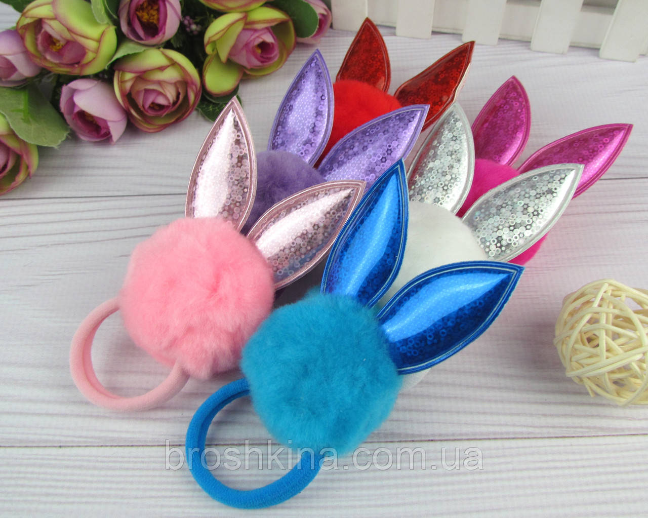 Гумки для волосся помпон/вушка 12 шт/уп., фото 1