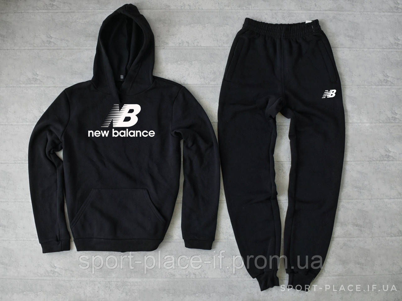 Теплий спортивний костюм New Balance (The Беланс) чорний (Зима) з начосом, толстовка штани худі кенгуру