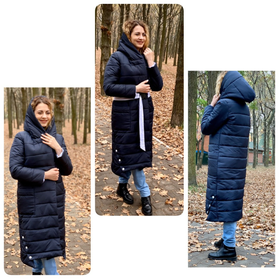 Зимова приталена куртка пуховик Oversize з поясом, артикул 032, колір темно-синій