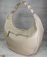613-1 Натуральная кожа Объемная сумка женская бежевая Кожаная сумка-мешок светлая кожаная сумка на плечо хобо
