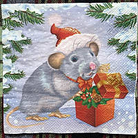 Новогодняя салфетка для декупажа или сервировки стола "Мышка с подарком". 33х33