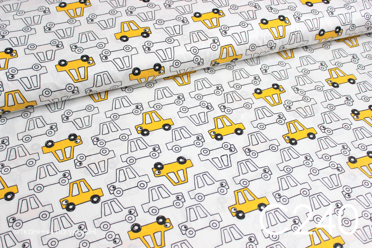 Тканина сатин Машинки жовті ЗАЛИШОК 0,6 м + 100*80