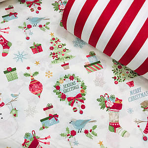 Бавовняна тканина (ТУРЦІЯ шир. 2,4 м) сніговики, ялинки, подарунки червоно-зелені на білому